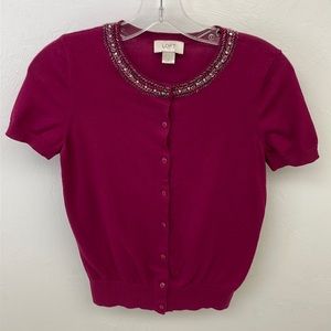 LOFT Beaded Button Up Sweater Top Magenta S